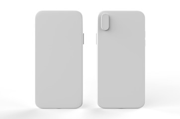 smartphone mock up front and back side facing each other. Blank screen for your design. Isolated on white background. 3D illustration