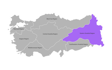 Vector isolated simplified map of Turkey regions. Marked Eastern Anatolia Region. Borders and names of administrative divisions.