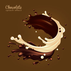 Milk chocolate advertising. A jet of chocolate and white milk in a dynamic whirlwind with a splash effect.  3D vector. High detailed realistic illustration