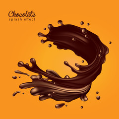 Background for advertising chocolate. A jet of liquid glossy chocolate with splashes on a yellow background. 3D vector. High detailed realistic illustration
