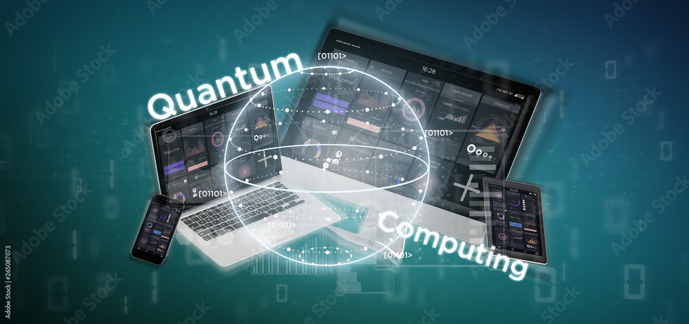 Poster quantum computing concept with qubit and devices 3d rendering