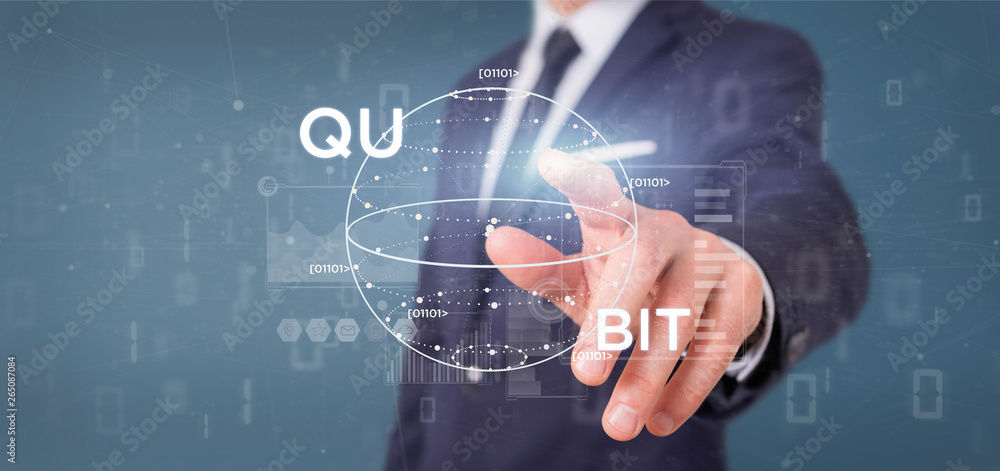 Poster businessman holding quantum computing concept with qubit icon 3d rendering