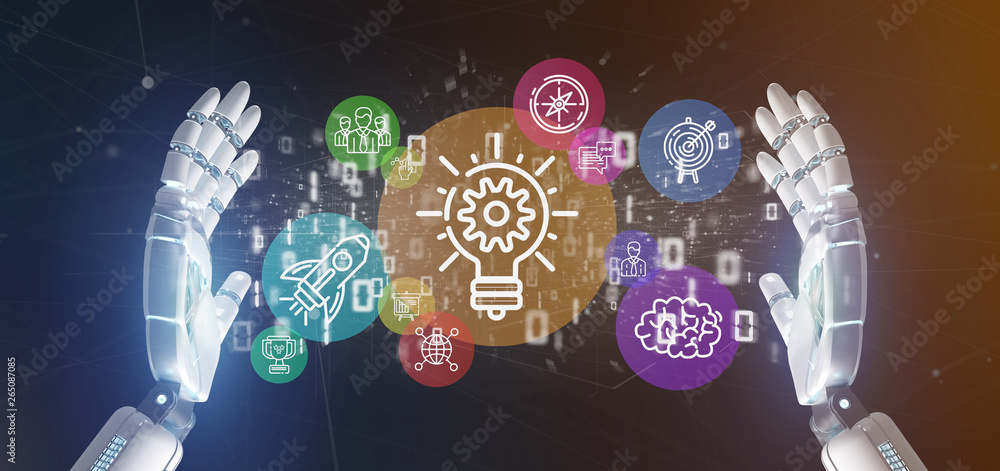 Aufkleber cyborg hand holding a cloud of colorfull start up icon bubble with data binary 3d rendering