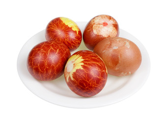 Easter chicken eggs painted in red  colors with natural food dye -  onion peel  isolated