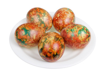 Easter chicken eggs painted in marble colors with natural food dyes and onion pee  isolated