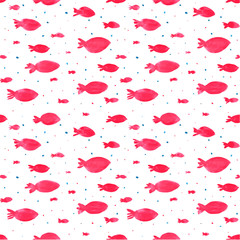 Red abstract watercolor fish seamless pattern. Colorful fishes and dots endless hand drawing illustration on white background