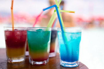 Tropical fresh cocktails drinks on tropical beach