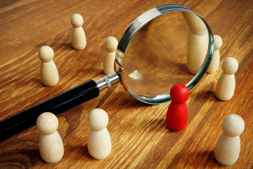 Talent acquisition and management. Magnifying glass and gavel.