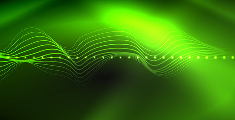 Glowing abstract wave on dark, shiny motion, magic space light. Techno abstract background