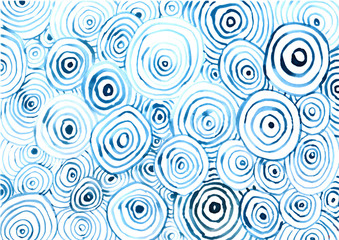 Blue watercolor abstract pattern with circles. Hand drawing overlapping geometric background.