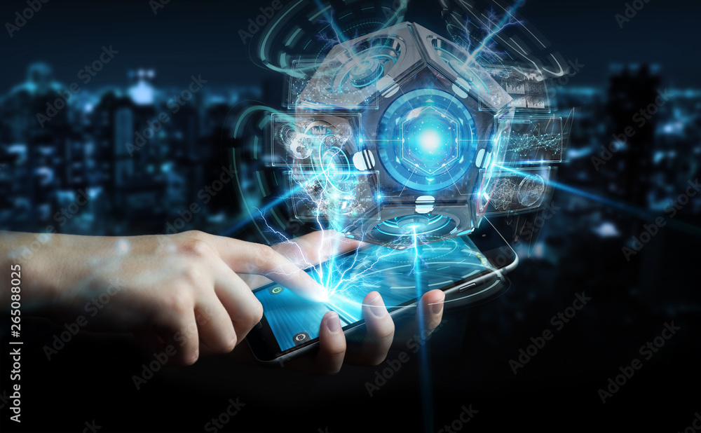 Poster businessman using futuristic drone security camera 3d rendering