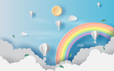 3D Illustration of cloudscape view scenery with hot air balloons float up in the blue sky on paper art. Landscape view scene for vacation in holiday. Creative design paper cut and craft style. vector,