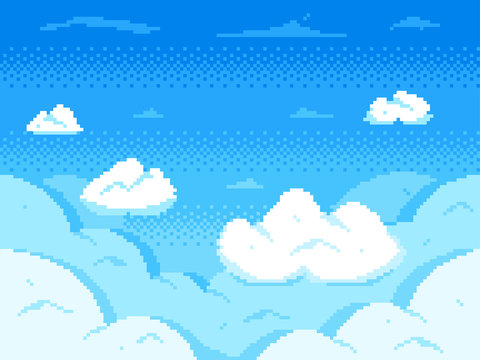 Pixel Art Sky. Clouds 8-bit Skyline, Retro Video Game Cloud Landscape And Cloudy Vector Background