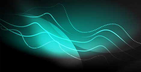 Glowing abstract wave on dark, shiny motion, magic space light. Techno abstract background