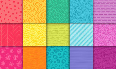 Abstract hand drawn rainbow geometric simple minimalistic seamless patterns set. Polka dot, stripes, waves, random symbols textures. Vector illustration