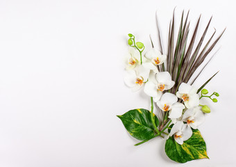 Composition with fresh tropical leaves and exotic flowers on white background.