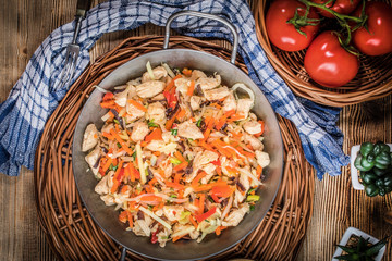 Fried chicken pieces with vegetables.