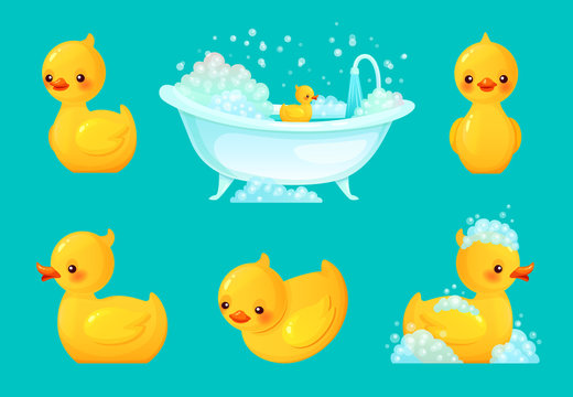 Yellow bath duck. Bathroom tub with foam, relaxing bathing and spa rubber ducks cartoon vector illustration