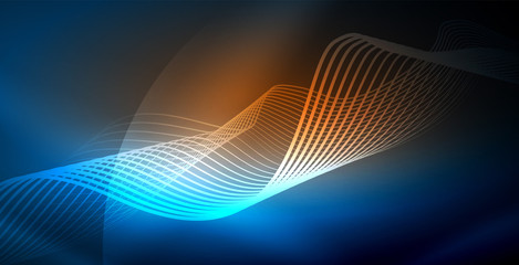 Glowing abstract wave on dark, shiny motion, magic space light. Vector techno abstract background