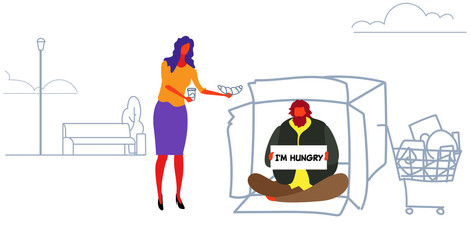 girl giving food to poor man sitting in cardboard box on street begging for help beggar holding sign board homeless feeding concept horizontal sketch doodle