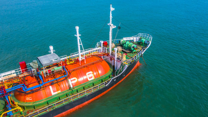Aerial view oil and gas chemical tanker in open sea, Refinery Industry cargo ship.