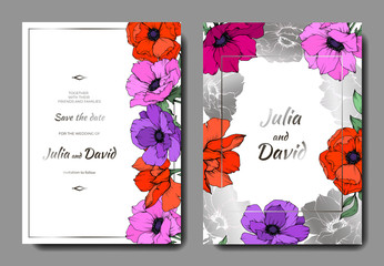 Anemone floral botanical flowers. Black and white engraved ink art. Wedding background card floral decorative border.