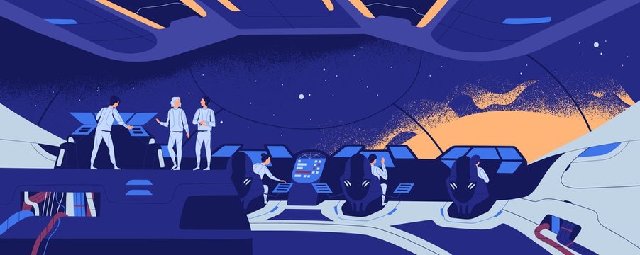 Starship, starcraft, interstellar spacecraft or spaceship and crew members standing and sitting at control panel during spaceflight. Space exploration and travel. Flat modern vector illustration.
