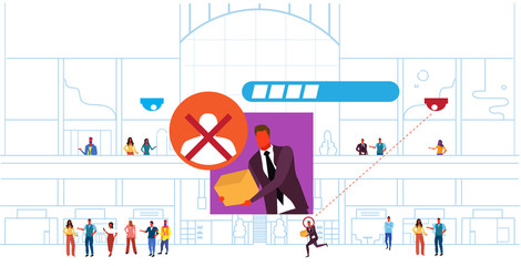 man thief stealing box identification facial recognition concept modern shopping mall interior security camera surveillance cctv system horizontal sketch doodle full length