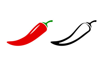 Spicy chili hot pepper icons. Vector Asian and Mexican spicy food and sauce, red and black outline chili peppers - obrazy, fototapety, plakaty