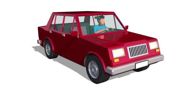 3d red car with driver rides. Looped Animation Render with Alpha Channel.