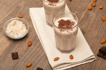 Healthy chocolate protein shake with almond milk. Delicious Healthy breakfast or snack. Selective focus