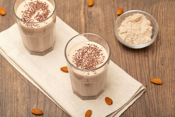 Healthy chocolate protein shake with almond milk. Delicious Healthy breakfast or snack. Selective focus