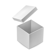 Opened delivery cardboard box with cap mockup. Goods packing and transportation. Blank paper empty box with shadow isolated on white background vector illustration. Realistic pasteboard container.