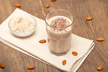 Healthy chocolate protein shake with almond milk. Delicious Healthy breakfast or snack. Selective...