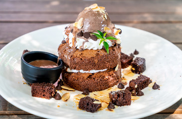 chocolate pancake with chocolate ice-cream and brownies