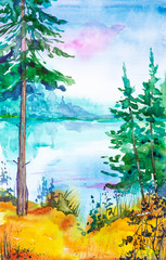Watercolor illustration of a beautiful Russian forest on the lake and yellow grass in the foreground