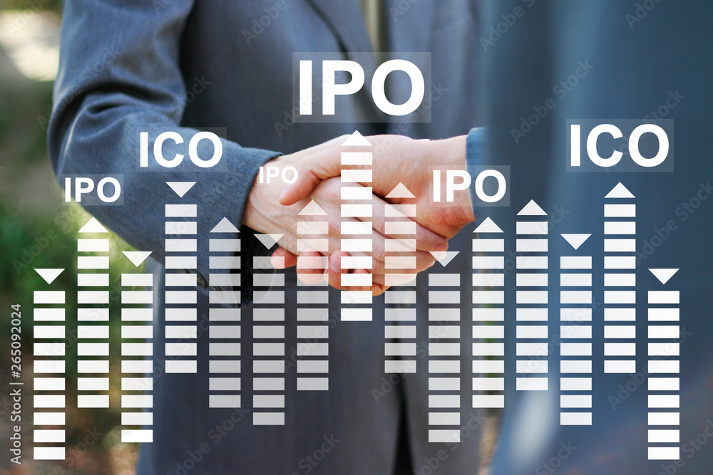 Poster businessman presses button ipo and ico initial coin offering on virtual diagram digital electronic u