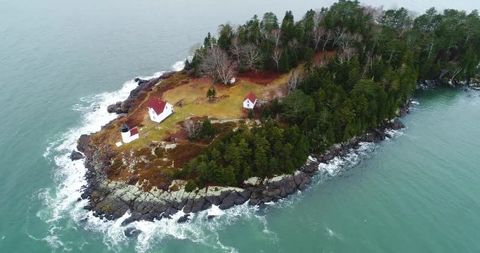Aerial view Curtis island lighthouse Camden Maine USA with 180&rdquo; turn