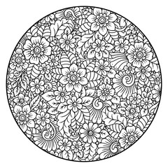 Outline round flower pattern in mehndi style for coloring book page. Antistress for adults and children. Doodle ornament in black and white. Hand draw vector illustration.