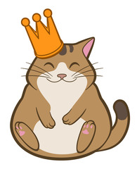 Cartoon cute cat in crown lying on back