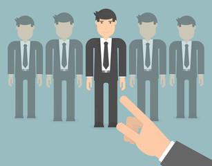 Picking the best candidate for the job concept. Hand pointing to a smiling young business man character