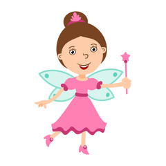 Beautiful fairy with magic wand in cartoon style isolated on white background