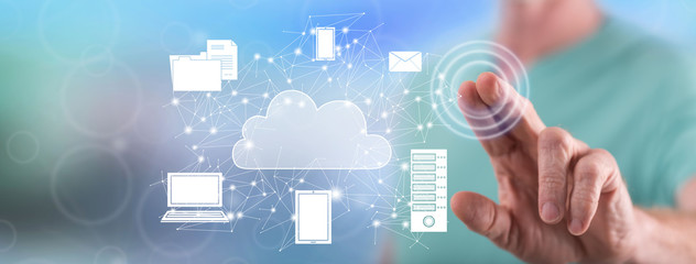 Man touching a cloud computing concept