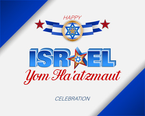 Holiday design, background with handwriting and 3d texts and national flag colors for Independence day celebration in Israel; Vector illustration