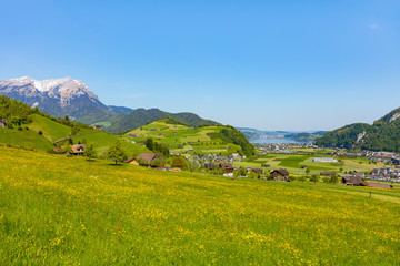 Fototapeta na wymiar View from the foot of Mt. Stanserhorn in the Swiss canton of Nidwalden in spring