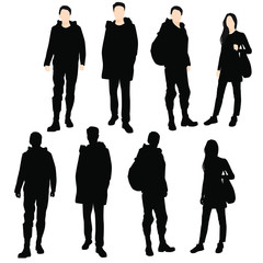 Set of silhouettes of men and women standing in various poses, cartoon character, group of business people in outerwear, vector illustration, flat designe icon, black and beige color isolated on white