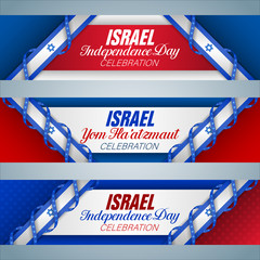Set of web banners design, background with handwriting and 3d texts and national flag colors for Independence day celebration in Israel; Vector illustration
