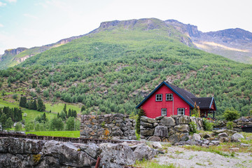 Fototapeta na wymiar A house in the country and freshly mown lawn and tree in a peaceful garden. Flam (Flåm) valley, Norway