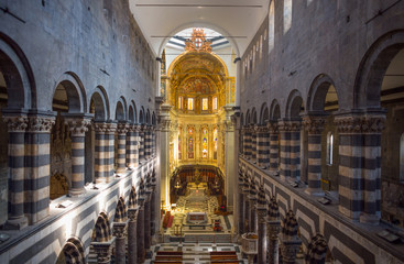 The top view of the inner of Saint Lawrence (San Lorenzo) cathedral of Genoa, Italy.
