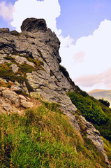 big rock and green grass on a background of mountains